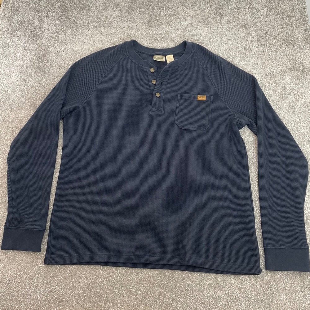 LL Bean Waffle Knit Henley Shirt Mens Large BeanBuilt Navy Blue Long Sleeve